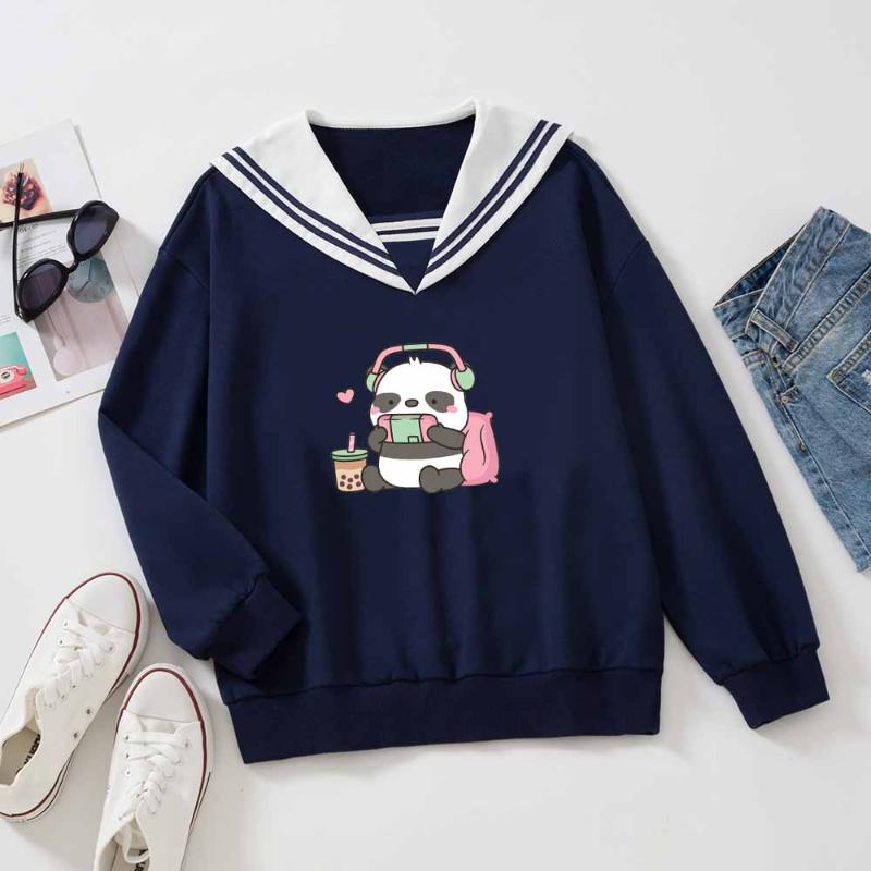 

Women's Hoodies & Sweatshirts Harajuku Kawaii Hoodie Women Sailor Collar Panda Print Anime Oversized Sweatshirt Japanese Streetwear Fashion, White