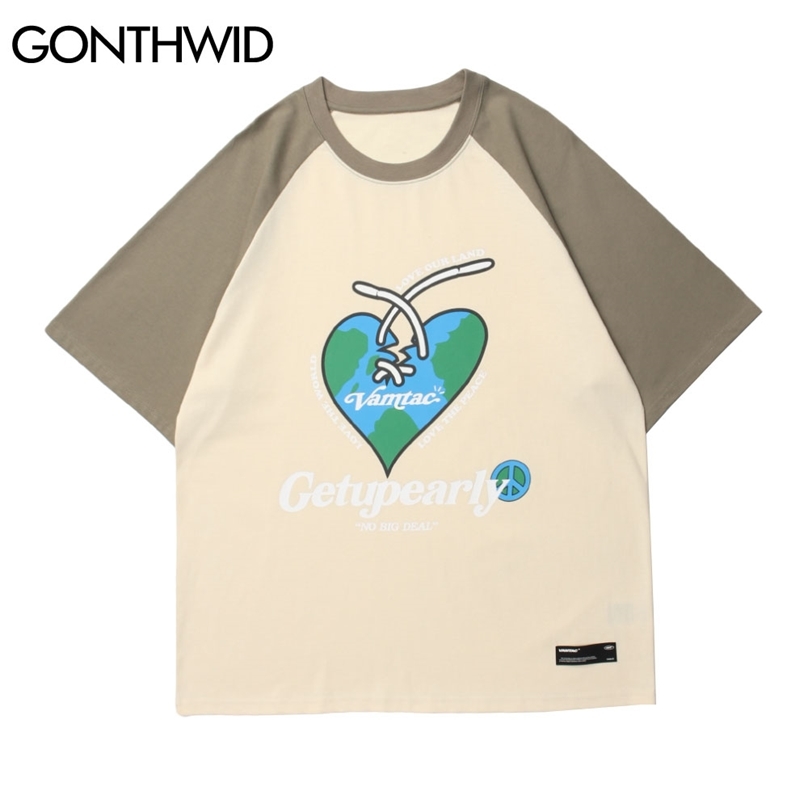 

Short Sleeve Tees Hip Hop Harajuku Men Color Block Patchwork Broken Heart Print Cotton T-Shirts Casual Streetwear Tops 210602, White