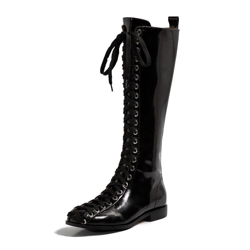 

Boots Asumer est patent leather knee high women round toe lace up zip autumn winter fashion shoes woman Y189, Black with fur