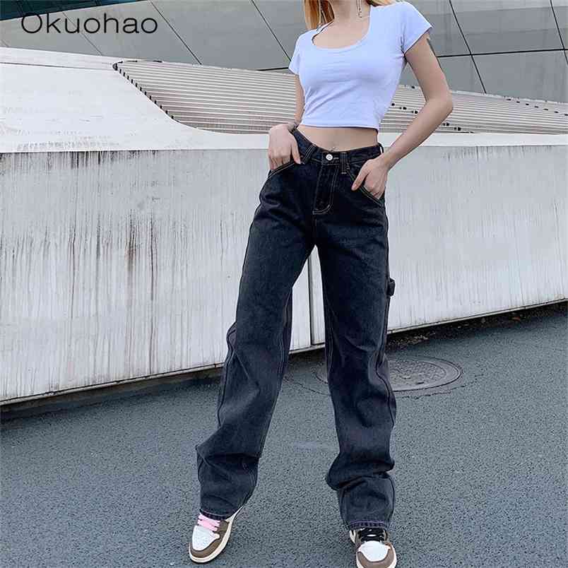 

Street High Waist Straight Jeans Women Were Thin And Loose Casual Wide Leg Pants Fashion Boyfriend Style Denim Girlfriend 210708, Black