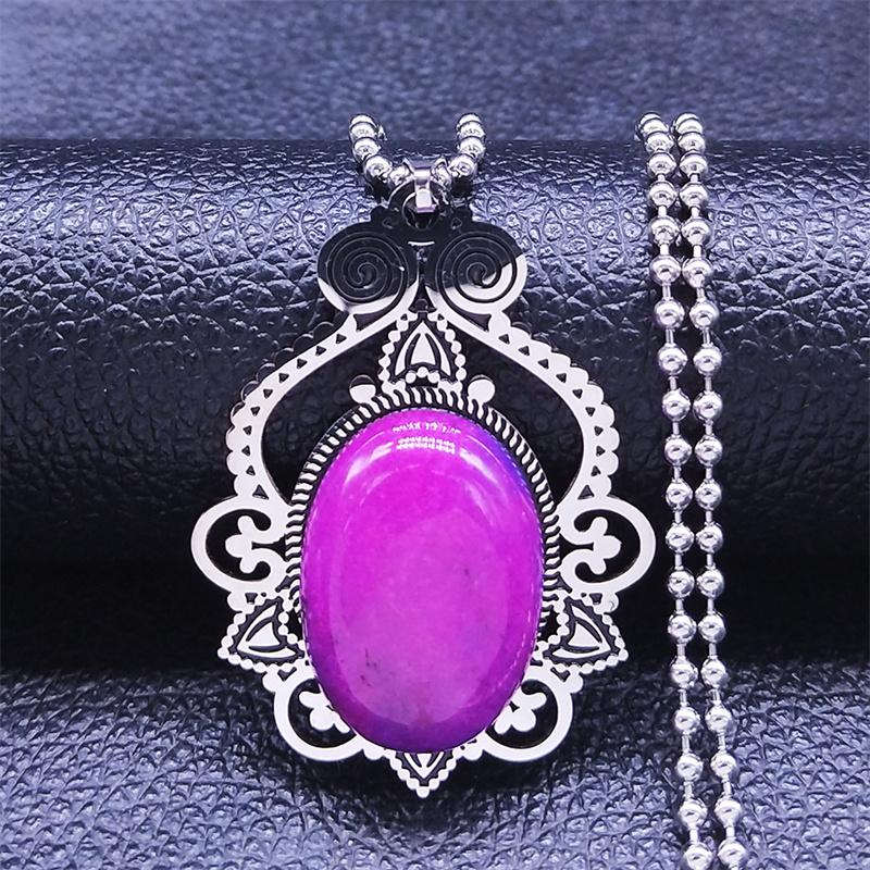 

Pendant Necklaces 2021 Stainless Steel Pink Natural Stone Bohemia Necklace Silver Color Chain Jewelry Joyeria Acero Inoxidable N3695S04