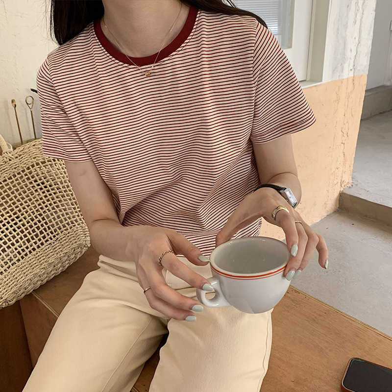 

Striped Thin Knit Short Sleeve Tshirts for Women Summer Silm Casual Loose O-neck Crop Tops Elegant All-match Tee Female 210525, Dark green