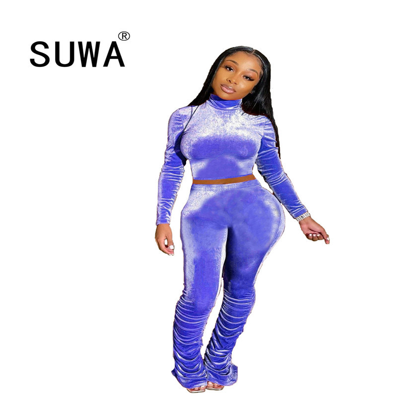 

Autumn Velvet Women Clothing Set Stand Neck Long Sleeve Tops Stacked Flare Pants Suit Tracksuit Matching Two Piece 210525, Red