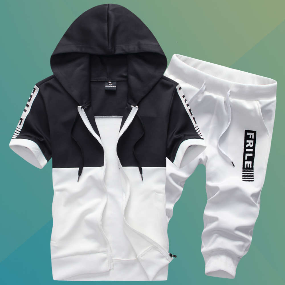 

Summer Men's Short Sleeve Hooded Jackets and Pants S  L 3XL Black Gray Teen Casual Movement Exercise 2 Piece Set