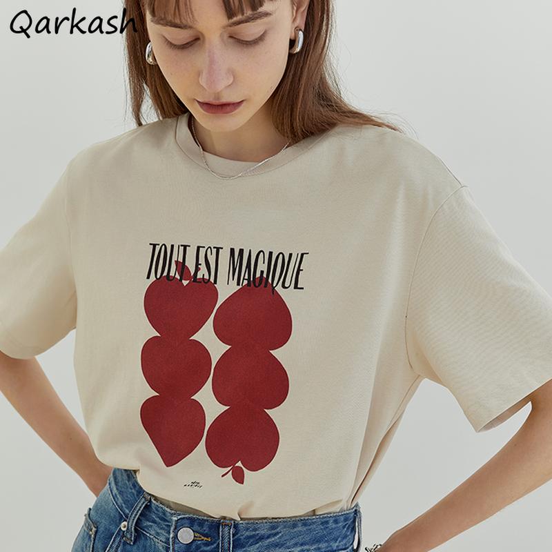 

Women's T-Shirt T-shirts Women Cotton Print Design Fashion All-match Ins Short-sleeve Loose Vintage Tunic Simple Harajuku High Street Summer, Beige