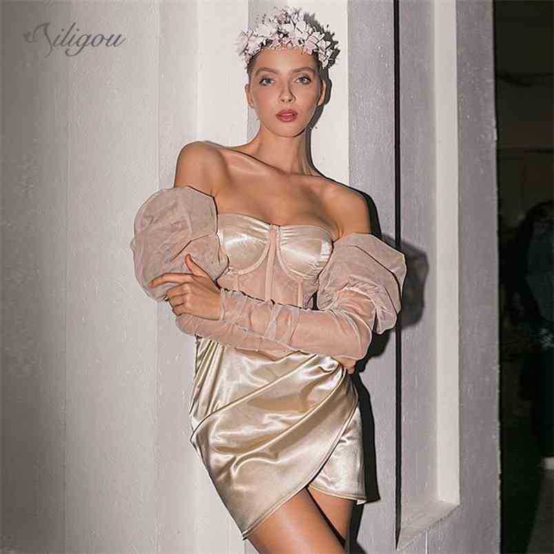 

Summer Female Khaki Strapless Sexy Puff Sleeve Lace Draped Designer Elegant Mini Party Dress 210525