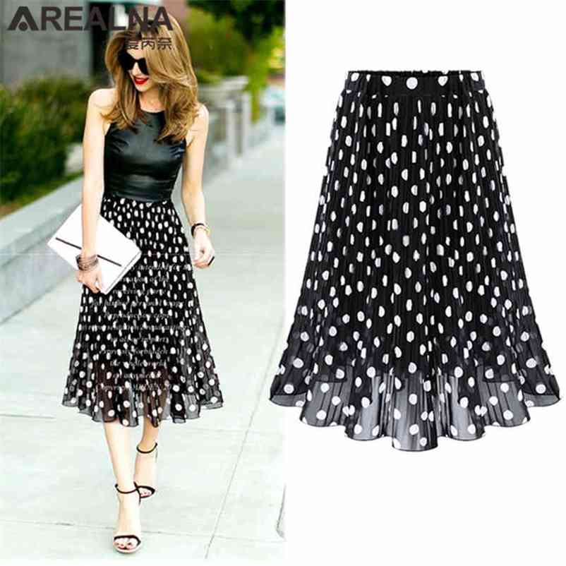 Black White Women's Tulle Polka Dot Chiffon Pleated Skirt Summer Skirts Womens Plus Size Harajuku Korean Midi Flared Skirt Women 210412Z