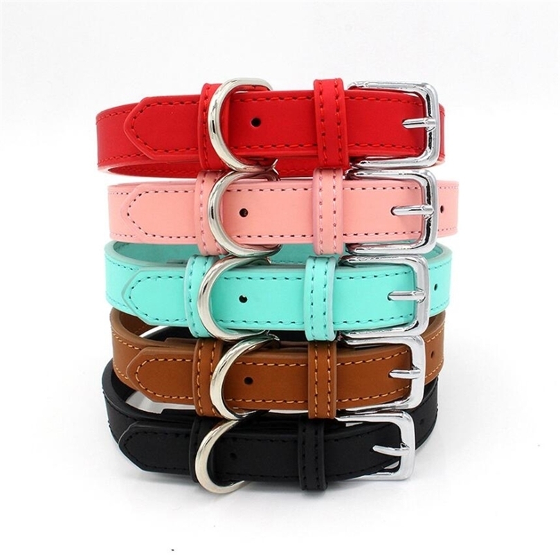 

5 Colors PU Small Dogs Collars XS-M Adjustable Zinc Alloy Solid Color Puppy Collar Comfortable Durable Pets Supplies Accessories 211026