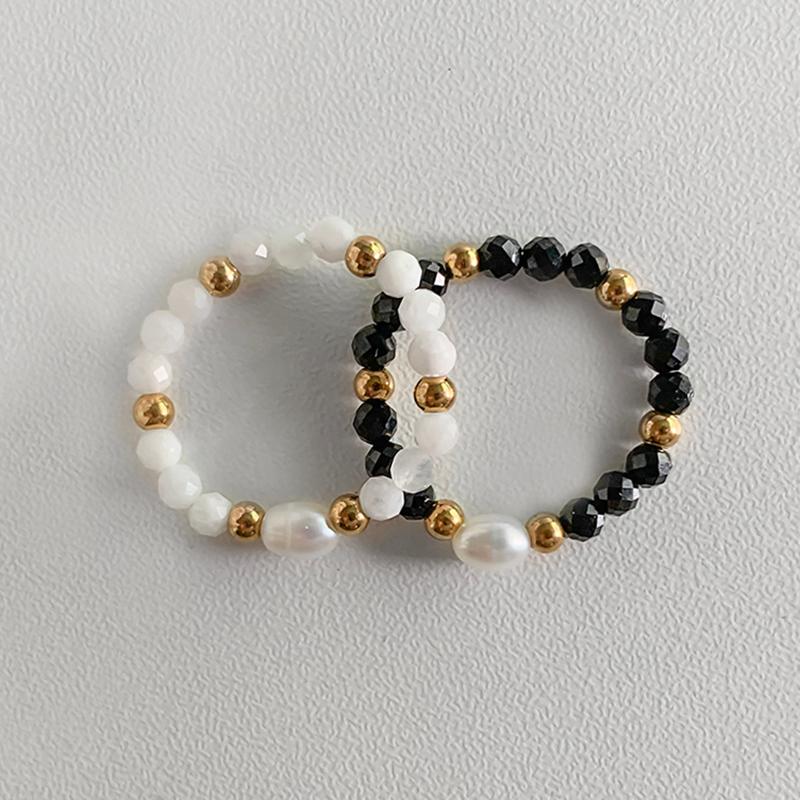 

Cluster Rings Classic Style Obsidian Natural Stone Freshwater Pearl Ring For Women Stainless Steel Bead Elastic Rope Adjustable