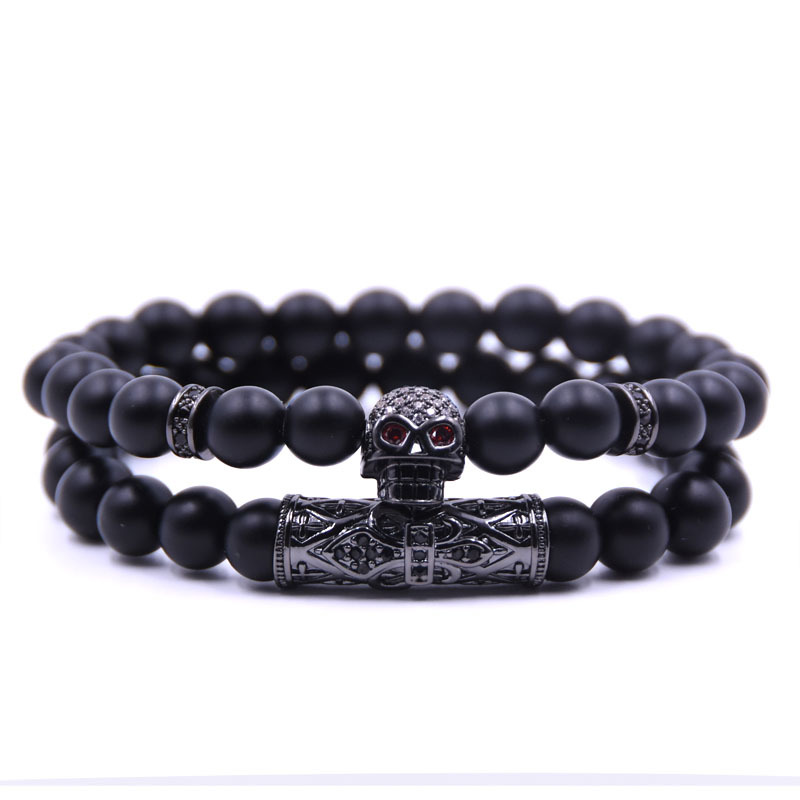

Natural black matte stone beads bracelet set skull bracelets for women pulseras jewellery men armband accessories bracciale uomo