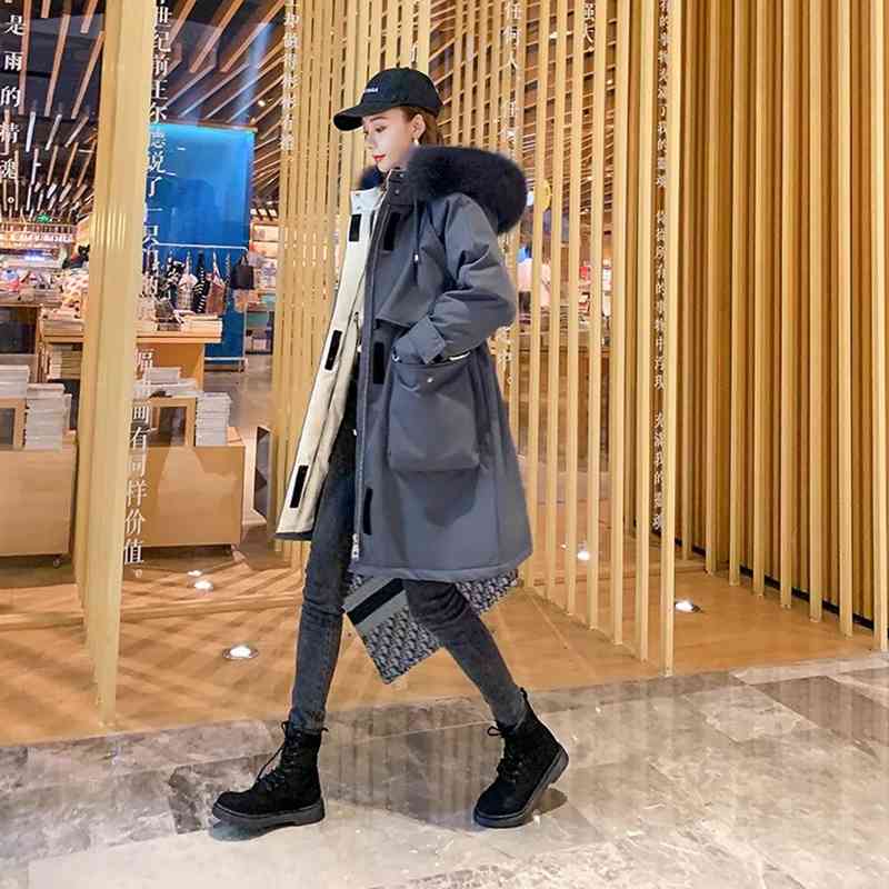 

leather Women Coat Long Fashion Female High Quality White Duck Down Jaket Large Real Fox Fur Collar Windbreak Warm H73, Black