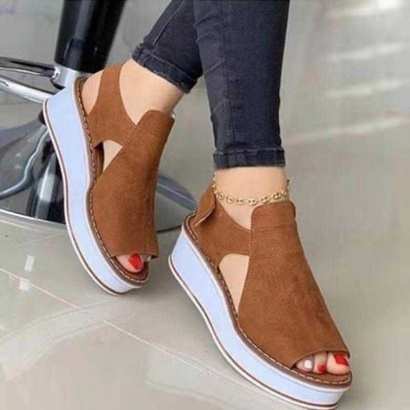 

2021 Summer Casual wedges Women Sandals Fashion Breathable Mid Heel Solid Color Footwear Women shoes Round Toe Lady Fish Mouth Y0721, Black