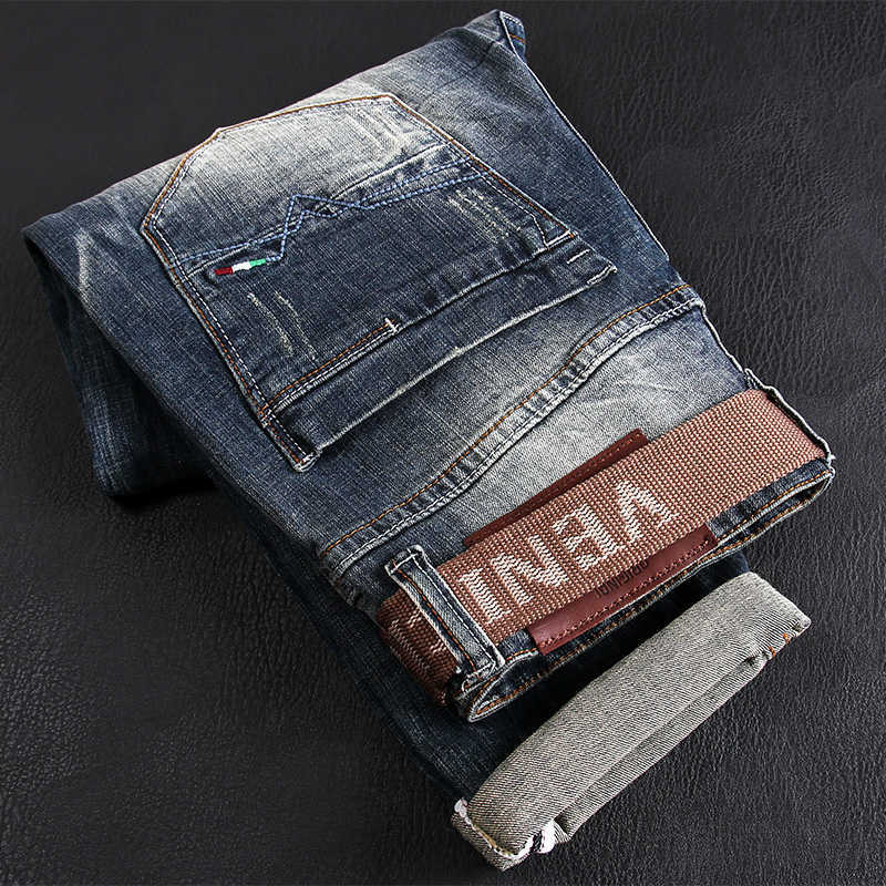 

Italian Style Fashion Men Jeans High Quality Retro Blue Elastic Slim Ripped Vintage Designer Plain Casual Denim Pants 82U3