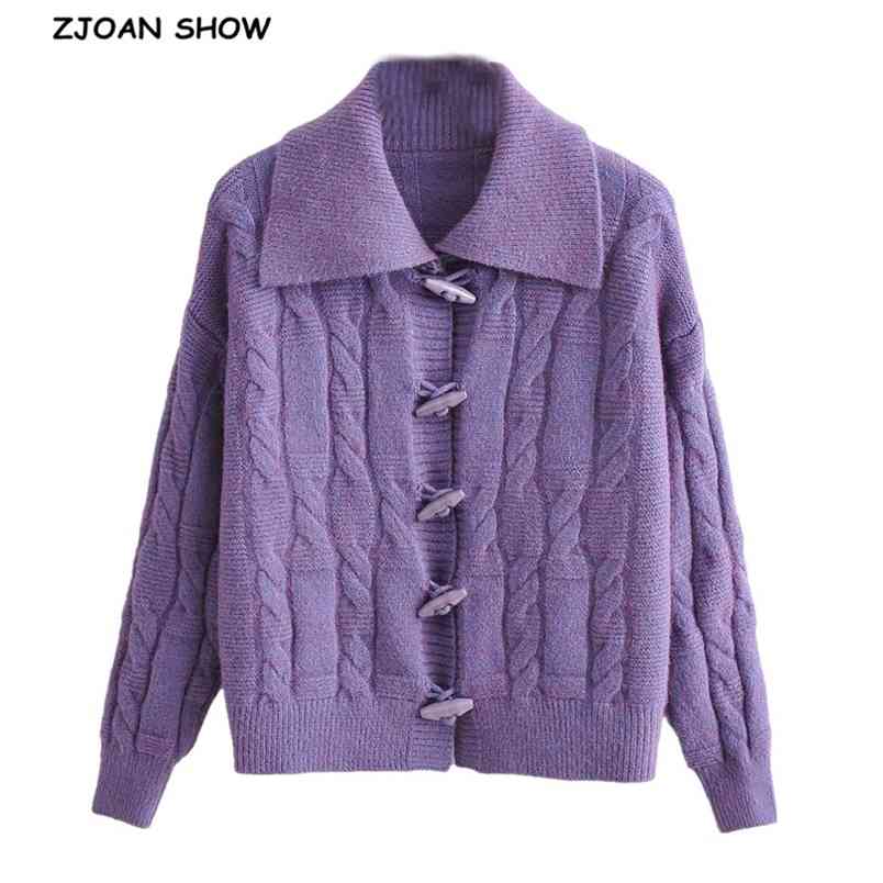 

3 Colors Autumn 90s Vintage Lapel Twist Knitting Horn buttons Cardigan Women Single-breasted Sweater Long sleeve Short Jumper 210429, Gray