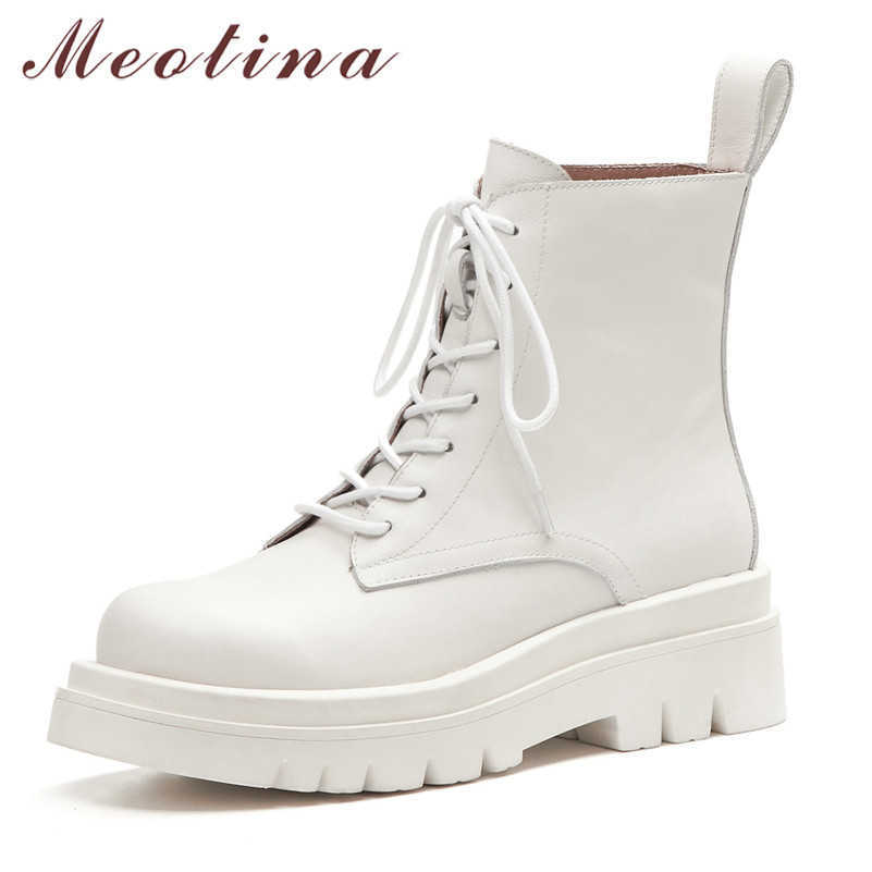 

Meotina Motorcycle Boots Women Shoes Real Leather Platform High Heel Ankle Boots Lace Up Block Heels Ladies Short Boots White 210608, Black synthetic lin