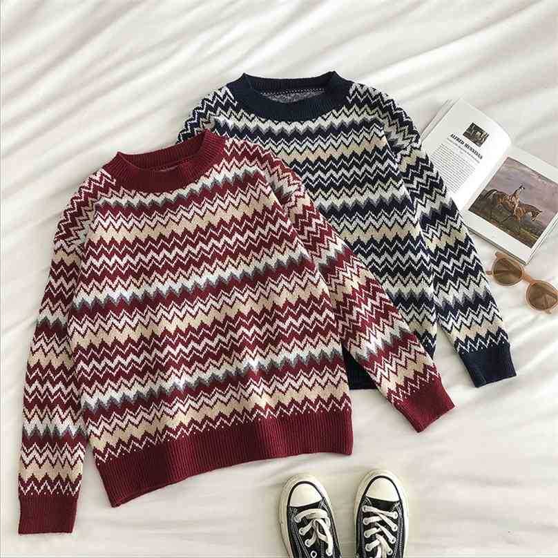 

Vintage Wavy Stripe Sweater Women Jumper Autumn Winter Long Sleeved Korean Casual Pullover Woman Knitted Sweaters Tops 210525, Red