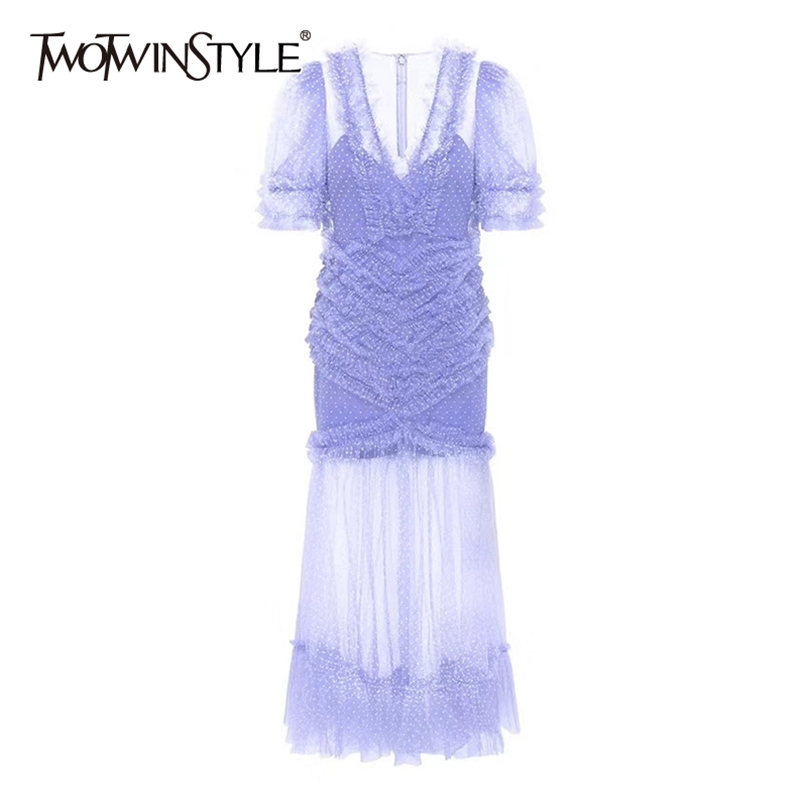

Elegant Dot Women Dress V Neck Puff Short Sleeve High Waist Patchwork Ruffles Mesh Dresses For Female Fashion 210520, Purple
