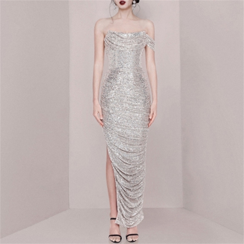 

Sexy Off the Shoulder Sequin Party Dress Women High Split Maxi Sleeveless Bodycon Vestidos 210603, Picture color