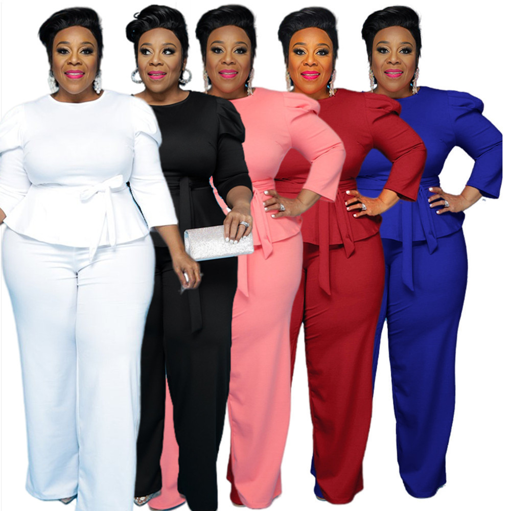 

ZJFZML ZZ Women Clothing 2 Piece Pants Set Large Size Three Quarter Sleeve T-shirt and Wide Leg Trouser Suit Dropshipping Wholesale, White