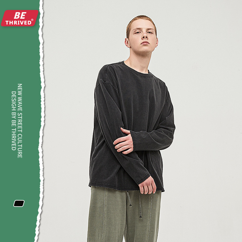 

be men's wear | 2021 autumn hole grinding ee washing old fried snowflake long sve t-shirt gaojie brand tee, White;black