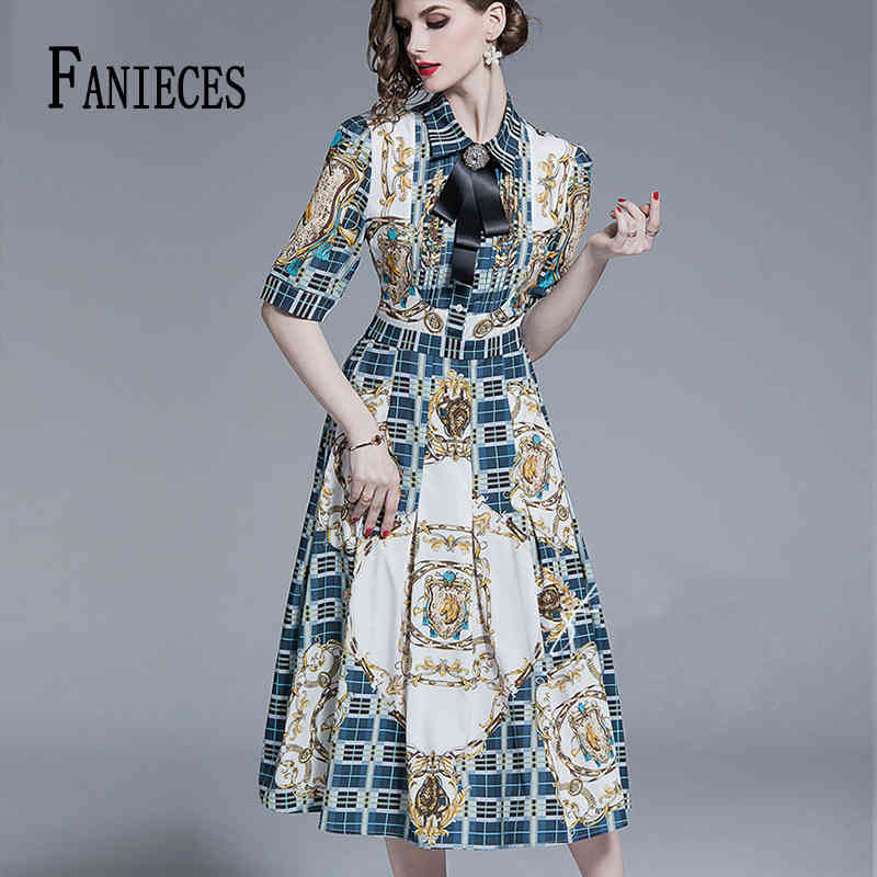 

Summer Fall Casual Dress Women Vintage A-Line Long Half Sleeve Single Breasted Slim Print Party es Vestidos de festa 210520, Blue