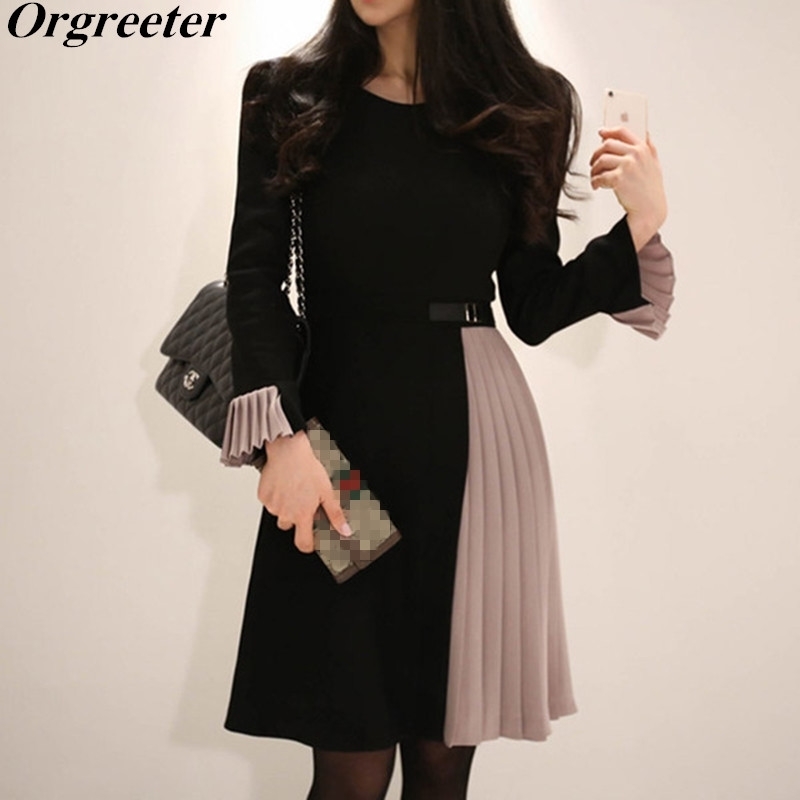 

Black Hit color Office Ladies Knee-length A-line Slim Pleated Dress Women Fitted Long Flare sleeve es Sashes O-neck 210525