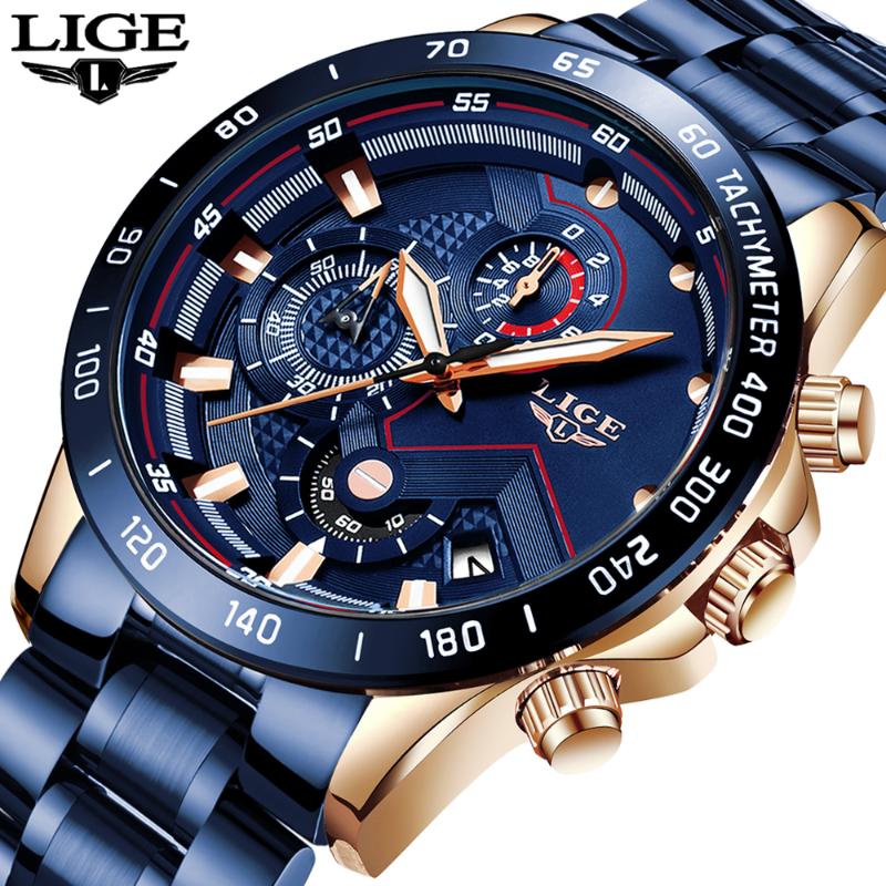 

Wristwatches LIGE Men Watches Top Blue Stainless Steel Waterproof Quartz Watch Fashion Chronograph Male Military Sport, Silver blue