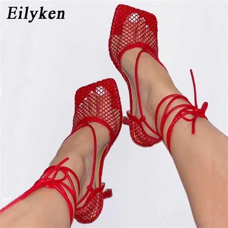 

Eilyken Summer Autumn Sexy Mesh Pumps sandals Female Square Toe high heel Lace Up Cross-tied Stiletto hollow Dress Pumps shoes 210324, Black