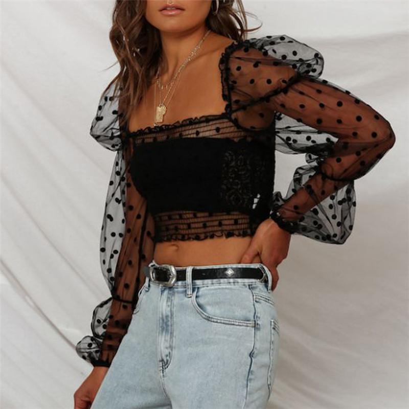 

Meihuida Women Mesh Crop Tops Cover-Ups Summer Star Dot See-Through Lace Sheer Print Long Puff Sleeve Translucent Short Shirts Women' T-Shi, Black