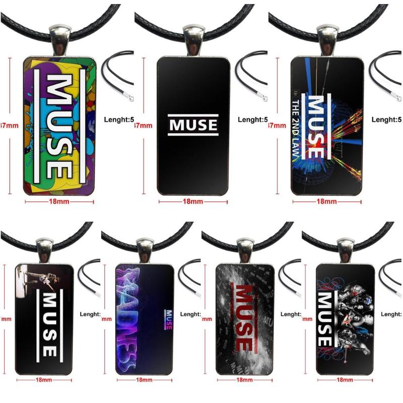 

Pendant Necklaces Vintage Jewelry Steel Plated With Glass Cabochon Choker Long Rectangle Necklace For Women Muse Band Artist Logo, Silver