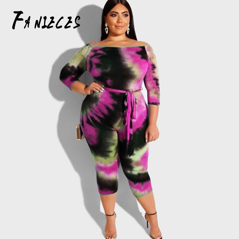 

plus size tie-dye jumpsuits printing women bandage playsuits sexy suits long sleeve big 5XL skinny dro 210520, Beige