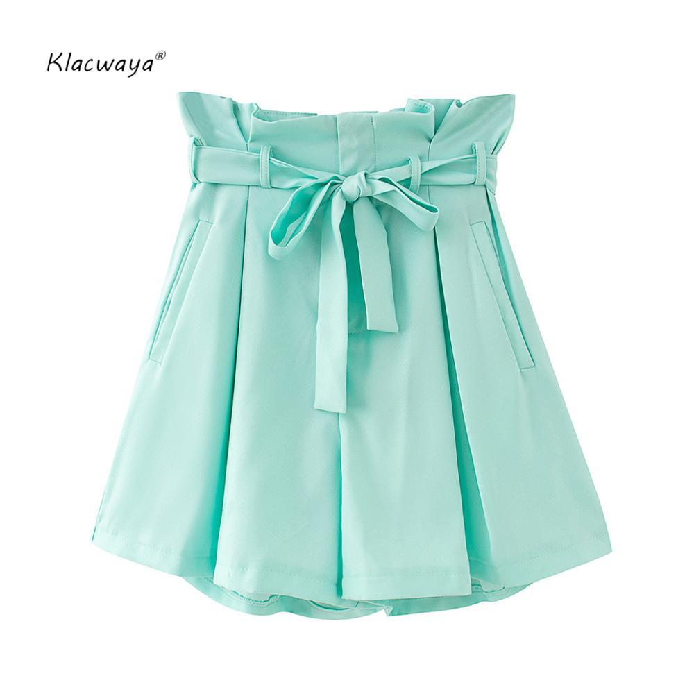 

women solid bow shorts summer fashion ladies pleated sashes pockets loose short pants chic girls england tyle 210521, Gray mint