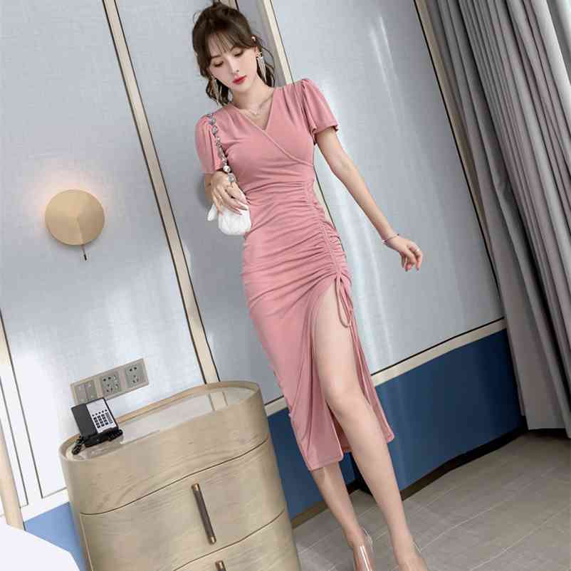 

LDYRWQY women's pleated drawstring sexy low-neck dress with short sleeves and waist 210603, Pink