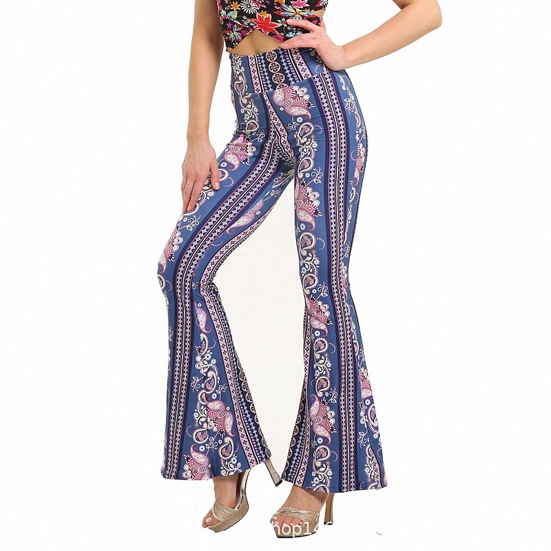 Women's Fashion Flare Chinos Wide Leg Print Full Length Pants Casual Weekend Stretchy Paisley Stripe Comfort Mid Waist Black / White Blue Black