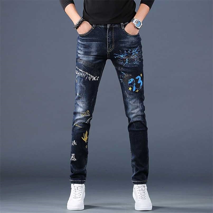 

High Quality Mens Elastic Denim Pants,Stylish Pattern Printing Decors Washed Jeans,BoysSlim-fit Casual Jeans; 211108, Black-blue