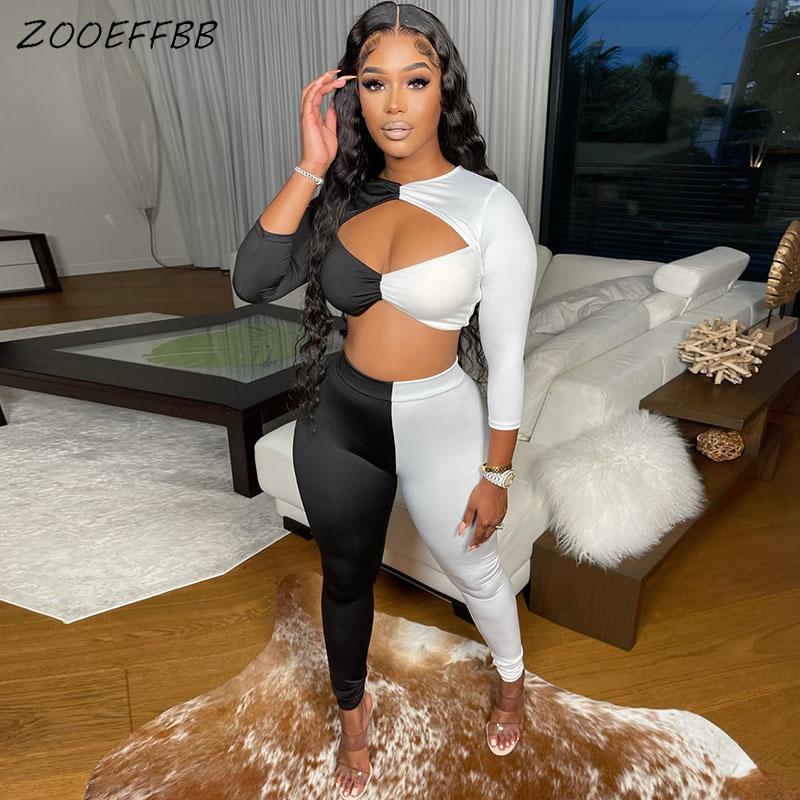 

Women' Two Piece Pants ZOOEFFBB Sexy Spliced 2 Set Long Sleeve Hollow Out Crop Top And Sweatpants Streetwear Sets For Women Fall Clothes, Black white