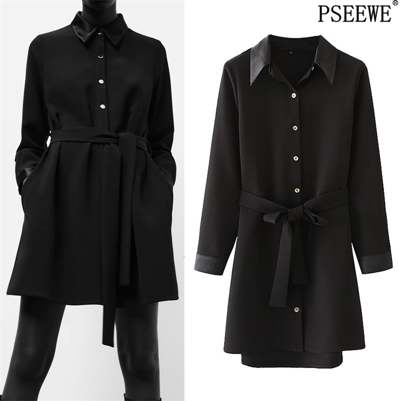 

Belted Black Shirt Dress Women Button Up Lapel Collar Long Sleeve Mini Woman Loose Casual Ladies es 210519