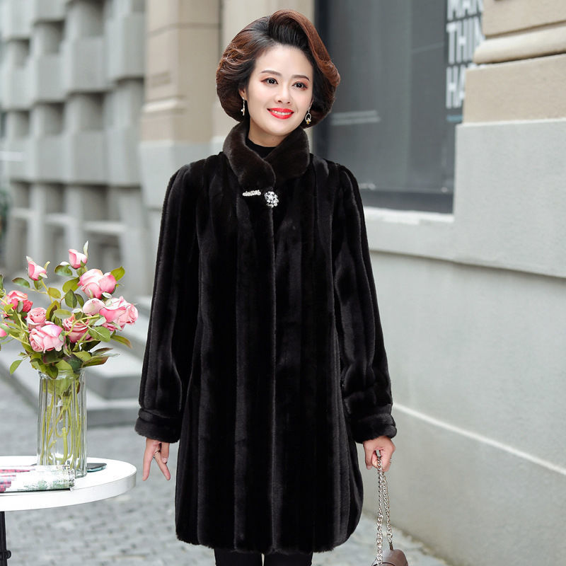 Middle Aged and Elderly Women's Winter Fur Large Long Mother's Imitation Mink Coat