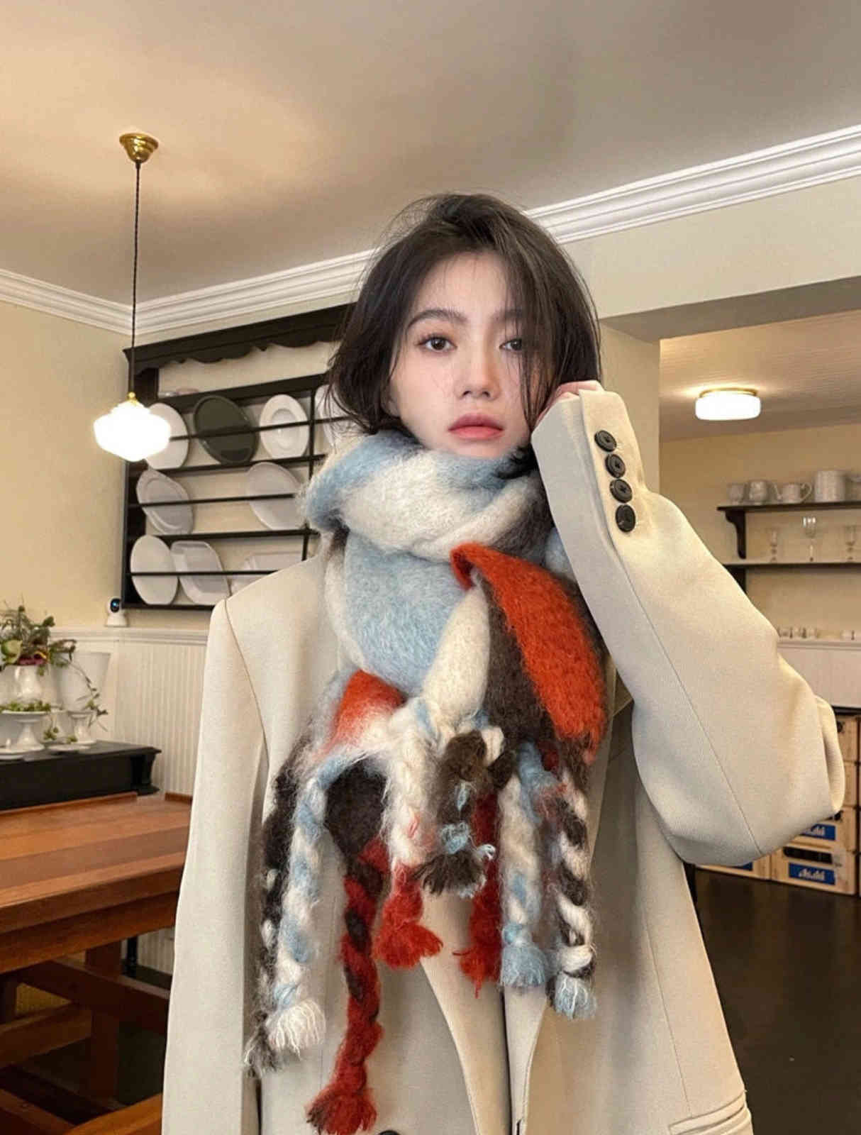 

Scarves Advanced version jilsander color matching scarf Korean mohair wool often exists the same style, bib lovers style