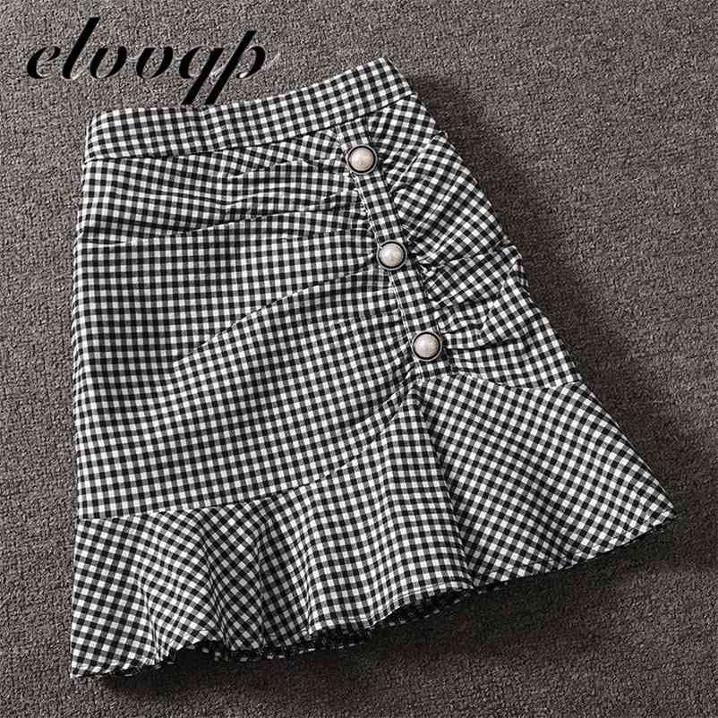 Harajuku Fashion Vintage Plaid Skirt Spring autumn Womens High Waist Mini Skirts Women Slim Button pleated Mermaid skirt 210412Z