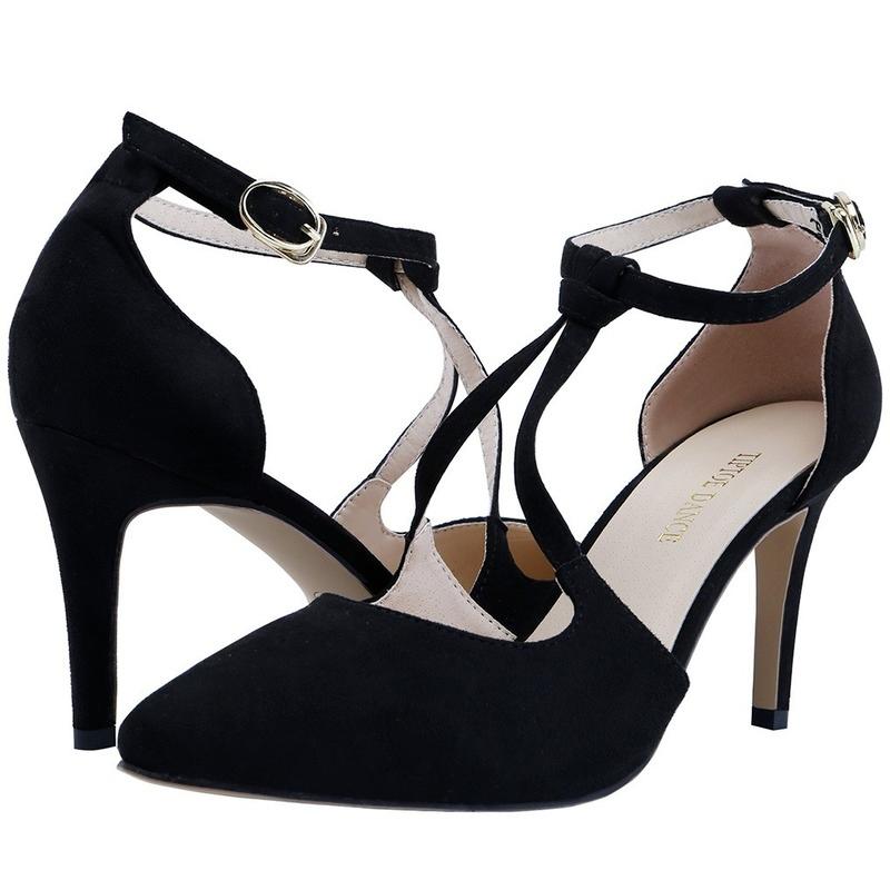 

Dress Shoes LOSLANDIFEN Women's 9cm Velvet Pointed Toe High Heels Ankle Strap Thick Heel Gladiator Pumps Party Wedding Women, Black pa