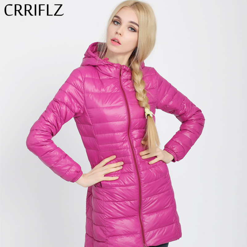 

CRRIFLZ Autumn Long Down Coat Women Plus Size 7XL Ultra Light Warm Hoodie Jacket Vintage Black Stand Collar Duck 210520, Black--hooded