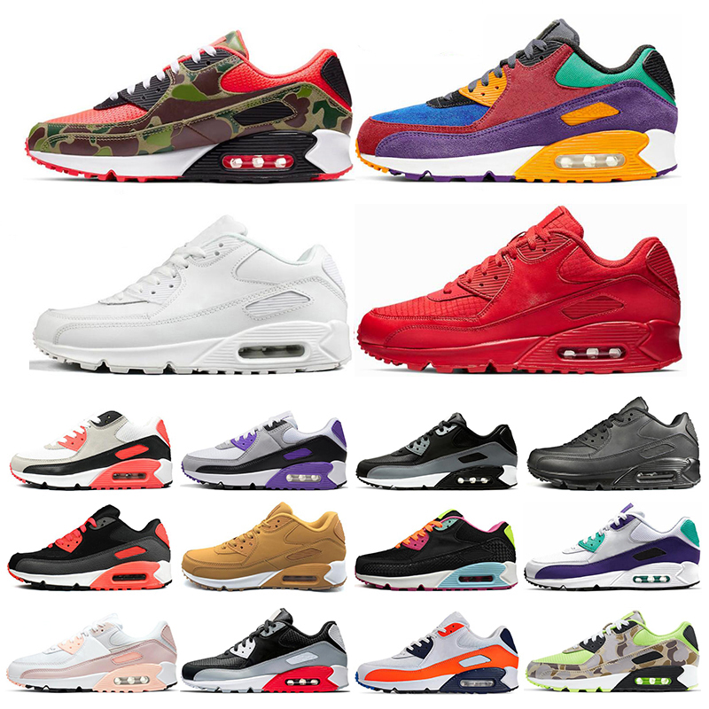 

2020 New 90 Mens Womens Running Shoes CamoBred Triple White Black Red 90s Men Trainers Cushion Surface Sports Sneakers Size 36 To 45US