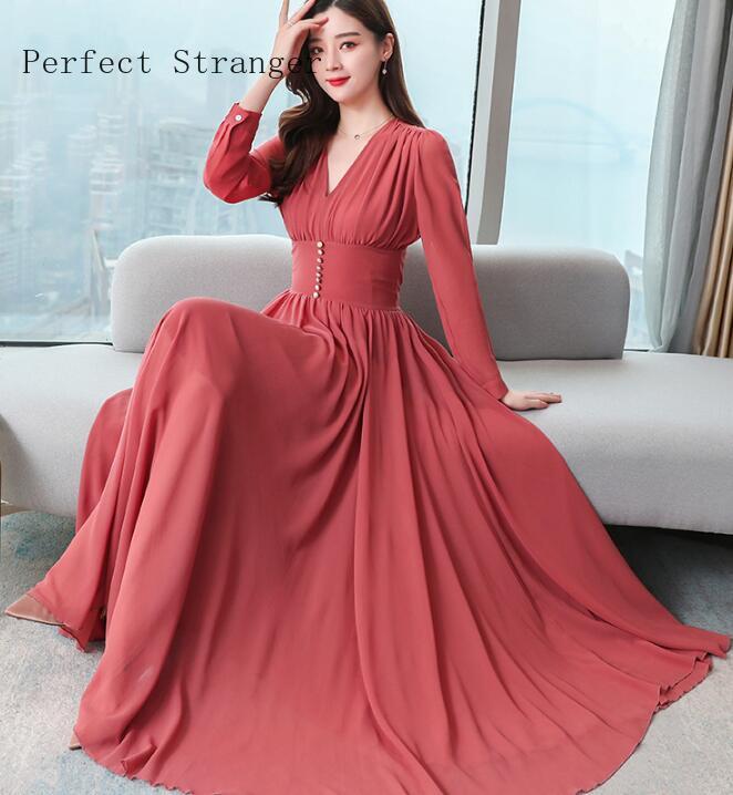 

2021 Autumn New Arrival Bohemian Style Plus Size -3XL V Collar Long Sleeve Solid Color Women Chiffon Long Dress, Deep pink