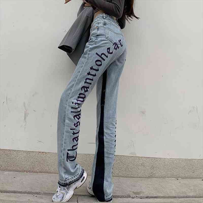 

Coyotes Letter Embroidery Wide Leg Womens Jean Pants High Waist Straight Trousers Spring Harajuku Korean Loose All Match, Blue