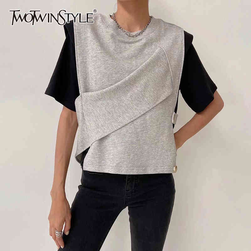 

Loose Patchwork Button Vest For Women O Neck Sleeveless Casual Irregular Vests Female Fashion Clothing 210524, Black