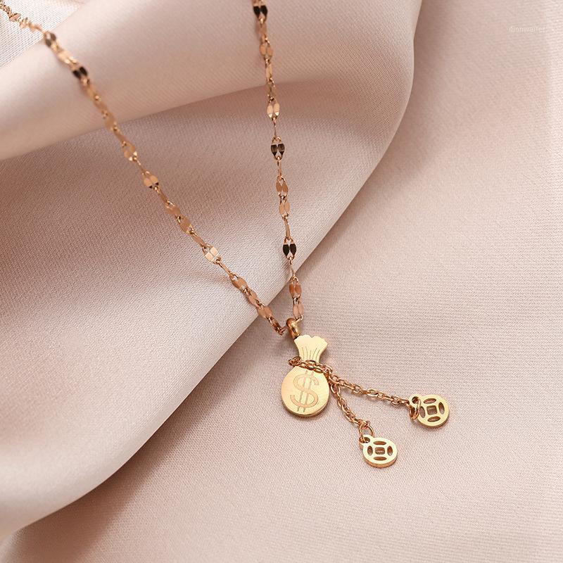 

Moneybag Tassel Necklace For Women 2021 Jewelry Titanium Steel Pendant Rose Gold Plated Luxury Choker Japanese Korean Chains