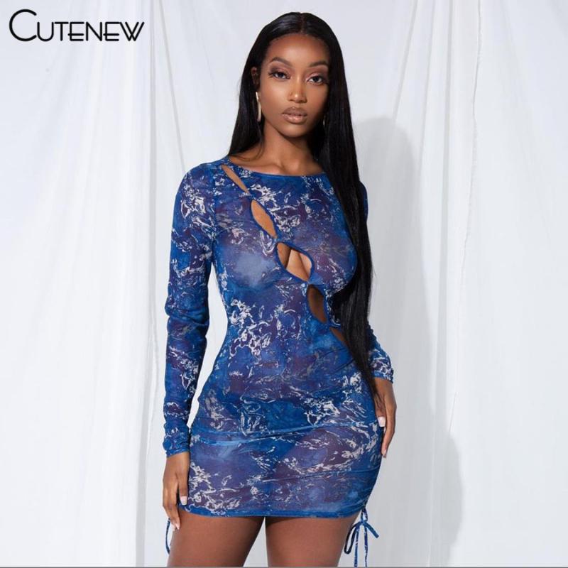 

Casual Dresses Cute Mesh Hollow Out Print Drawstring Party Mini Women Spring Sexy Long Sleeve Midnight Clubwear Bodycon Female Dress, Black;gray