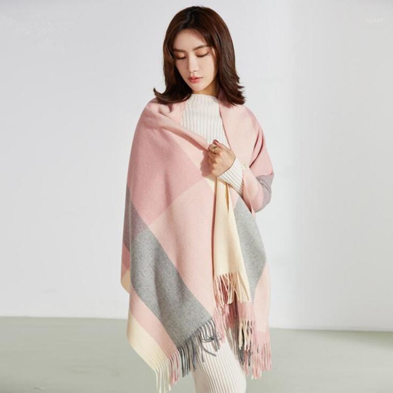 

Scarves Women Winter Cashmere Pashmina Tassel Shawls Fashion Plaid Thick Warm Blanket Poncho Feminino Inverno Stoles Femme Hiver, Blue;gray