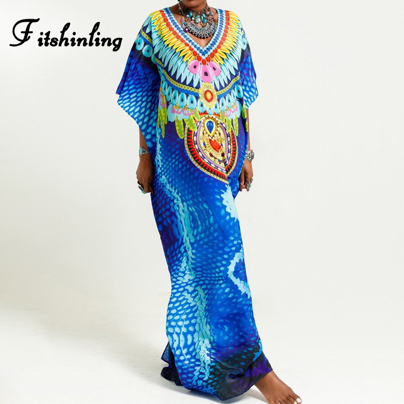 

Fitshinling Oversize Batwing Sleeve Long Dress Beach Outing Holiday Print Straight Kaftan Loose Blue Robe BOHO Pareos 2021 New
